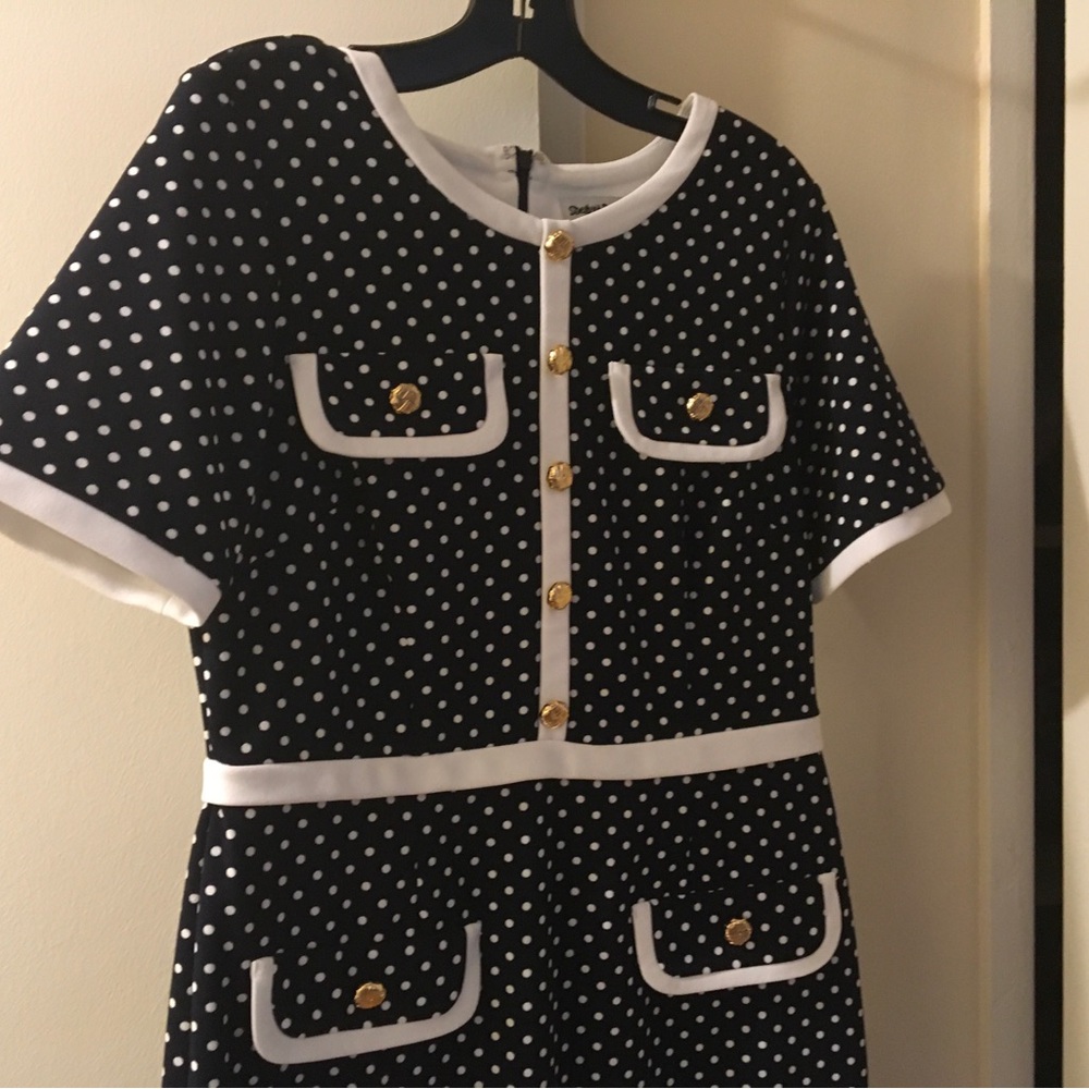Shelby & Palmer Blue  and White Polka Dot Dress with Gold Accent. NEW